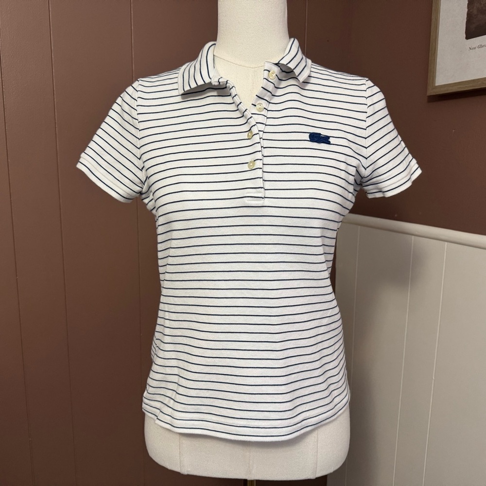 Lacoste Women’s Slim Fit White and Navy Mini Pique Striped Polo